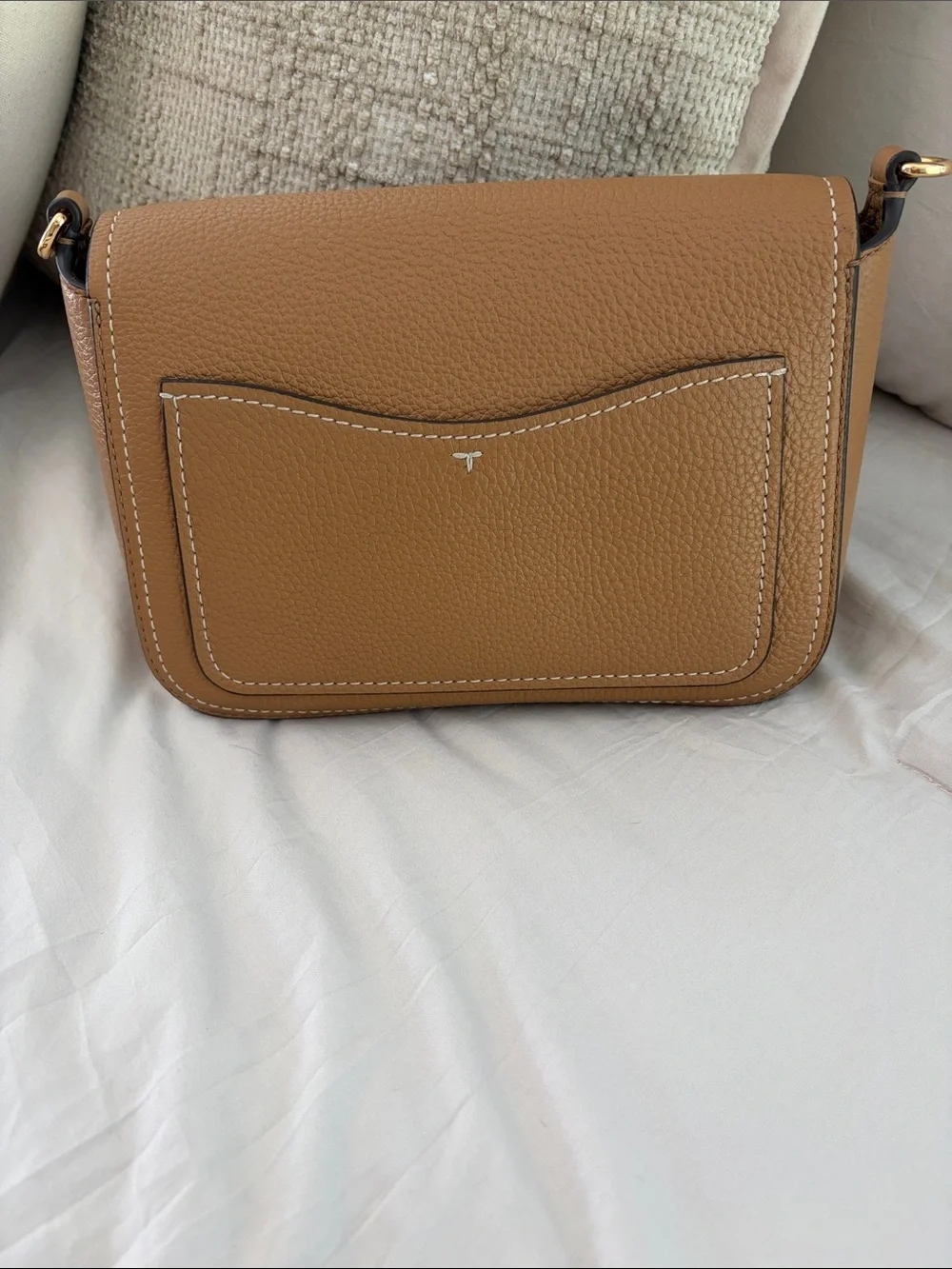 Tory Burch Thea Caramel Tan Pebbled Leather Crossbody with Gold Hardware
